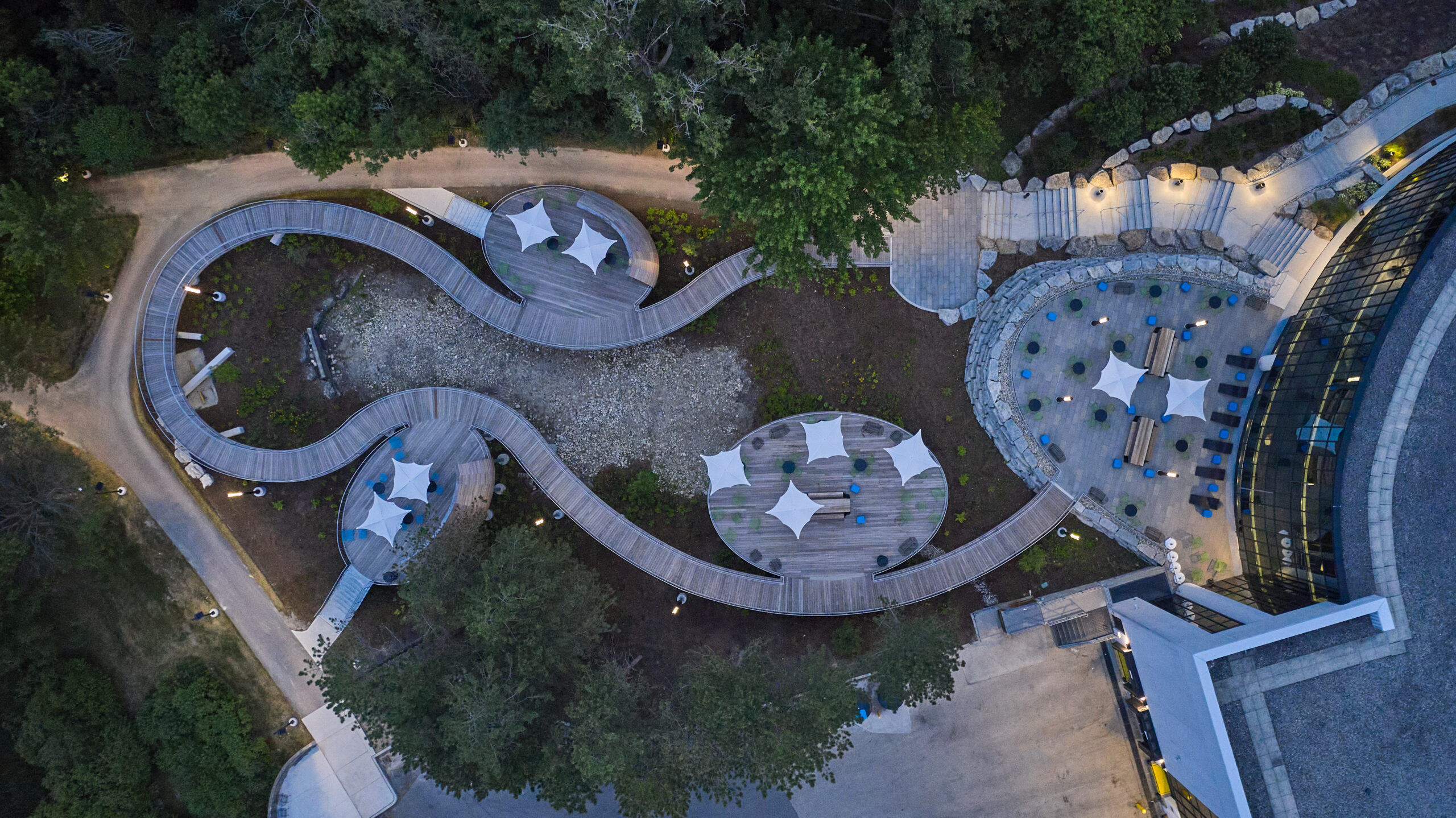 Aerial view of outdoor work station pods at Manulife Waterloo